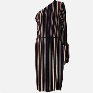 Rachel Roy, XL Black Striped One Shoulder Body Con Metallic Thread Bell Sleeve